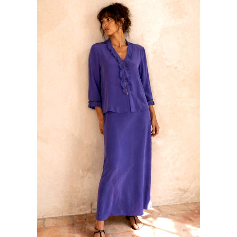 Silk 2 Pc Set Purple Beaded Ruffle Jacket VNTG A-Line Maxi Slip Dress Jones NY 8 - Picture 3 of 11